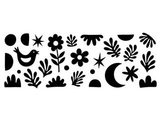 A collection of whimsical botanical and celestial elements, arranged in a seamless, decorative pattern