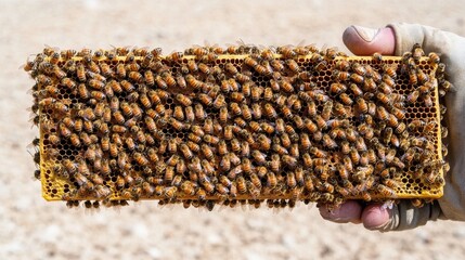 A beekeeper in protective attire examines a bustling beehive frame under a sunny sky, ensuring the health of the colony
