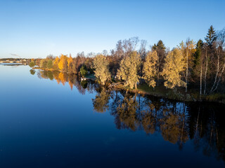 Calm autumn morning aerial view river scenery in Oulu, Finland