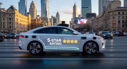 Obraz premium Autonomous Electric Vehicle with 5-Star Rating Navigating City Streets.