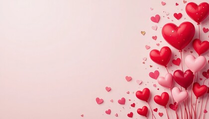 Romantic heart shaped balloons and confetti decorating a soft pink background for celebrations. Romantic valentine's day celebration concept