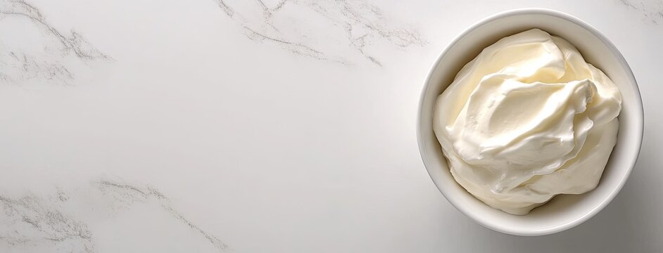 A delightful bowl of creamy sour cream elegantly placed on a marble surface with ample space for creative text or branding