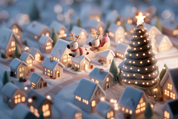 Obraz premium 空飛ぶ可愛いトナカイのサンタさん（3D） / Flying Cute Reindeer Santa Claus (3D) 