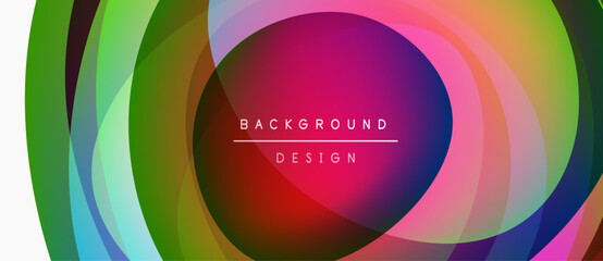 Abstract colorful layers create dynamic circular design. Vibrant hues blend, forming modern background element.