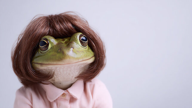 Humorous portrait of a green frog dressed as a person wearing a brown wig