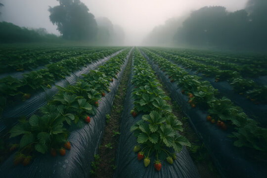 Misty strawberry field rows at dawn with ripe red berries and dew-covered leaves, creating a serene agricultural landscape in early morning fog.