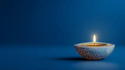 A single glowing Diya oil lamp against a dark blue background celebrating the festival of lights