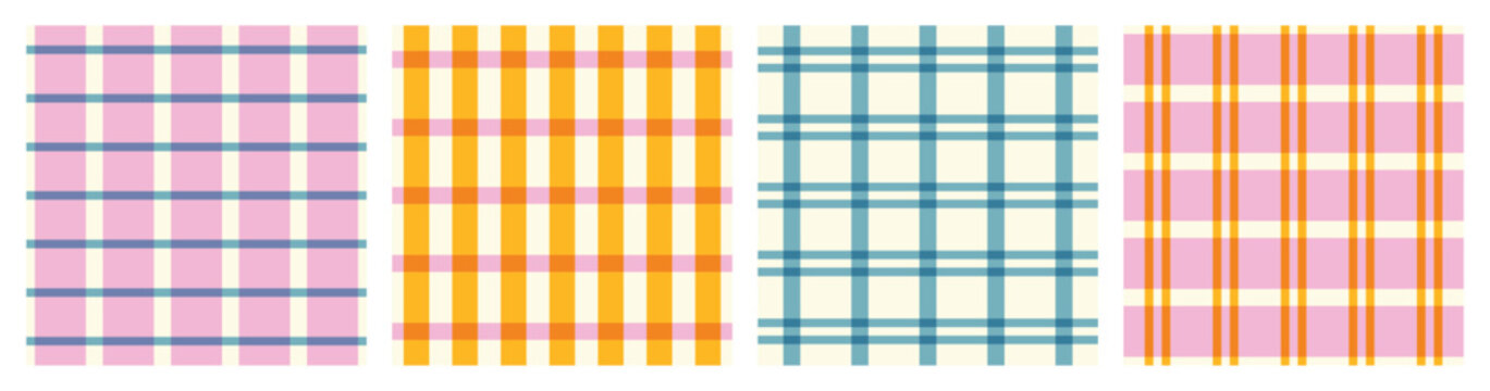 Set of abstract seamless bright modern geometric checkered colorful patterns of multicolored thin and wide lines on a light background; overlapping effect; simple vector illustration, flat style