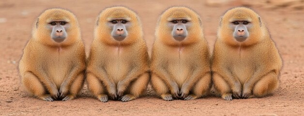 A vibrant gathering of baboons sitting calmly on the sandy ground in South Africa, showcasing the beauty of wildlife in natural surroundings