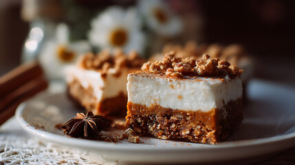 Healthy autumn dessert of raw pumpkin cheesecake slices with a nut crust and spices