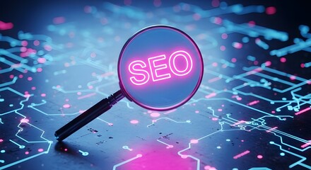 Magnifying glass over the word seo on a digital circuit board background, symbolizing search engine optimization and digital marketing strategies