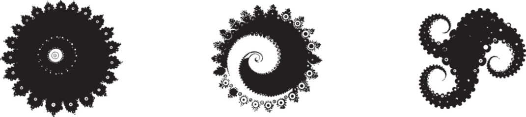 Abstract black and white fractal spiral shapes with circular geometric design, hypnotic and organic motion pattern resembling nature-inspired structures, ideal for digital art, backgrounds, and concep