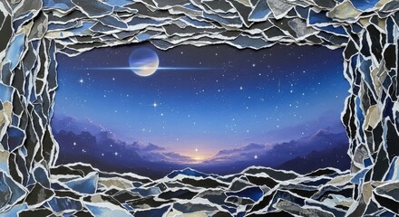 Alien Planet Landscape with Ringed Planet and Stars.