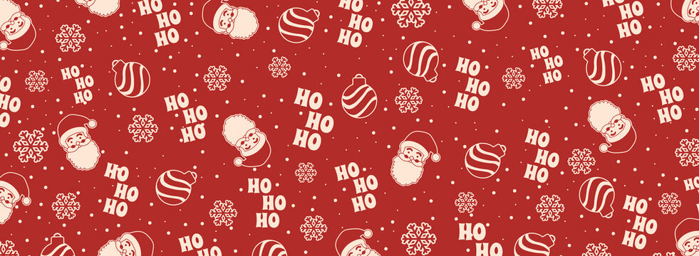 Playful Christmas Pattern. A seamless, repeating pattern on a red background featuring white outlines of Santa Claus faces, striped ornaments, snowflakes, and "HO HO HO" text,with scattered white dots