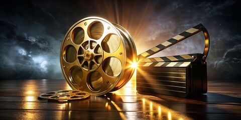 Golden Film Reel & Clapperboard on Dark Stage - Night Movie Production
