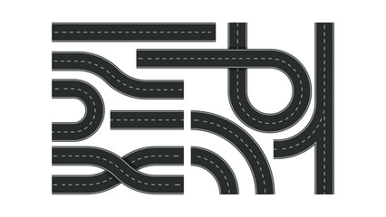 Asphalt road elements set isolated on white background