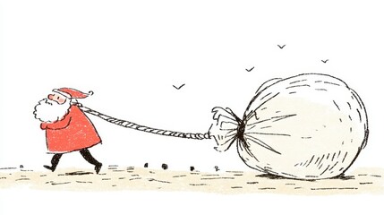 大きなプレゼント袋を引っ張るサンタクロースのイラスト