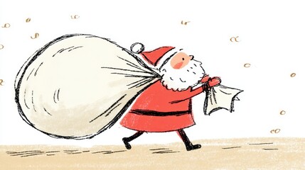 プレゼント袋を担いで歩くサンタクロースのイラス