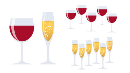 Red wine and champagne glasses set isolated on white background