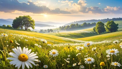 Sunrise meadow, wildflowers, rolling hills