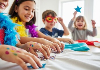 A group of children engaged in creative crafting activities with colorful accessories. 