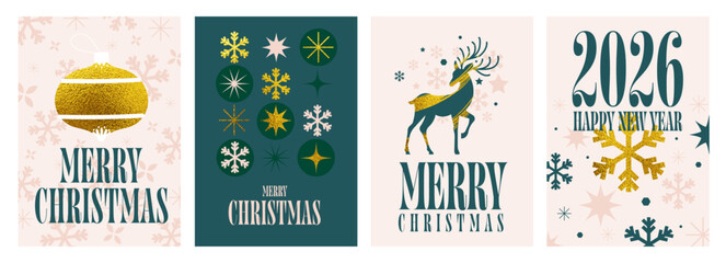 Happy Winter Holidays and New Year's Eve 2026 set of greeting card, poster, web banner, holiday cover. Xmas design template in trendy art style with doodles for season greetings. Vector illustration