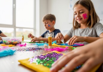 Fototapeta premium Kids crafting, focused on their colorful creations, fostering creativity and joy.
