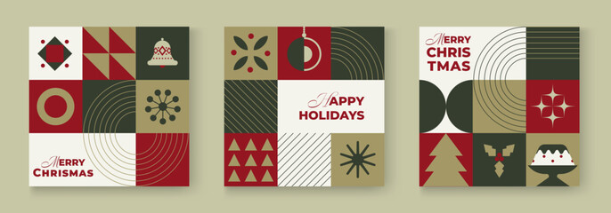 Elegant minimalist Christmas card set with geometric shapes and retro color palette. Perfect for holiday greetings, invitations, posters, and festive branding designs. Vector illustration