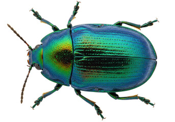 Isolated Colorful Beetle Insect Facing Left Overhead View with Metallic Blue and Green Sheen
