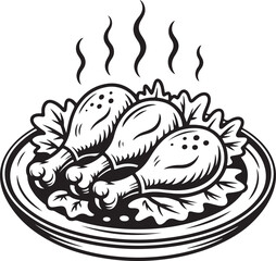 Black and White Line Art of Steaming Chicken Drumsticks on Decorative Plate in Woodcut Style