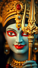 Obraz premium Happy maha navami greeting with goddess durga s eyes and trident vertical