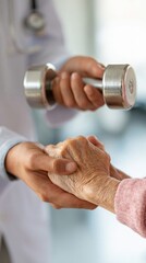 Doctor helping elderly patient hold dumbbell during health check-up, vertical close-up photo 