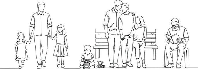 Happy multigenerational family enjoying outdoor park activities together with kids, parents, grandparents, bonding, leisure, playtime, walking, reading, relaxing moments.