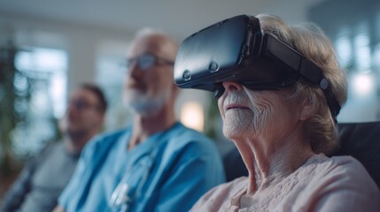 Elderly woman wearing VR glasses in nursing home with caregivers present  