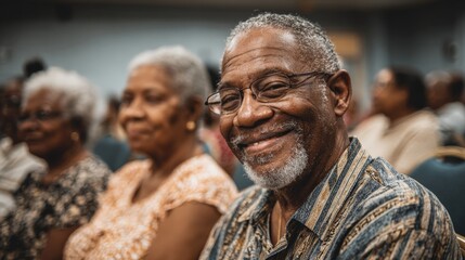 Elderly black man smiling in audience at community center event