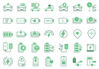 Charging station icons. Electric vehicle charger with battery power level, phone and power bank charge indicators, wireless charging symbols. Vector set