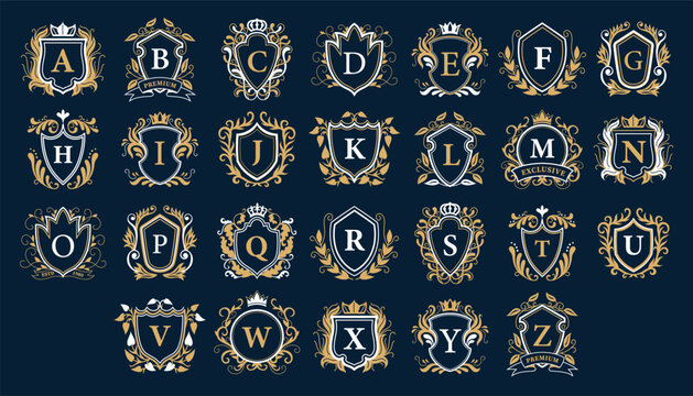 Luxury monogram logos. Elegant alphabet letter logo with decorative floral elements, vintage retro typography initials for wedding invitation card. Vector royal monograms set