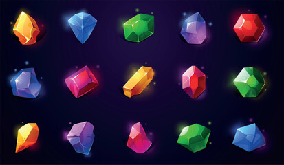 Gem game icon. Cartoon precious jewelry, magic glossy colored crystals for mobile games, fantasy shiny puzzle jewel UI asset. Vector isolated collection © Tartila