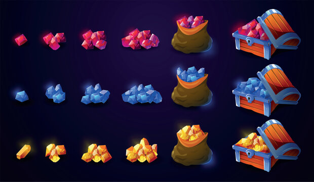 Treasure chest. Cartoon crystal pile rewards, fantasy wooden chest with glowing gemstones, fantasy pirate game element. Vector crystals asset isolated set