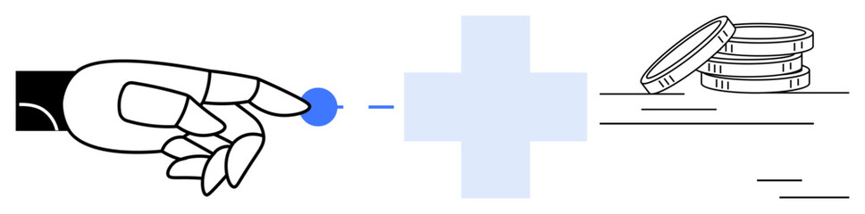 Fototapeta premium Robotic hand touches blue dot with medical cross and stack of coins nearby. Ideal for health tech, finance, innovation, investment, robotics, digital payment, futuristic design. Simple flat metaphor