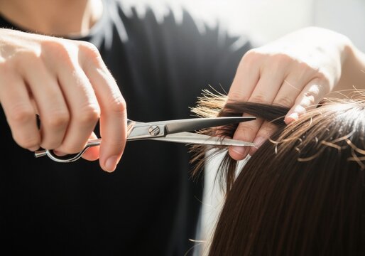 Close-up shot of a hair stylist cutting someone's hair in a salon.