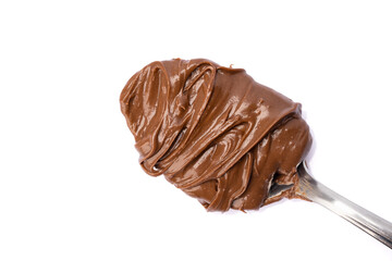 Cream chocolate with spoon on a white background