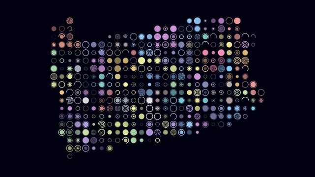 Pennsylvania animation. Shape of the state with pulsating colored dots. Large size circle blocks. Digital style map on dark background. Awesome video.