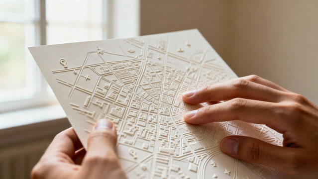 Hands exploring a tactile map with raised features in a bright indoor setting copy space