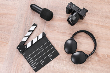 Top View Of Content Creator Gear Over Wooden Background