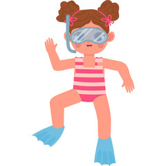 Young Cartoon Girl With Brown Pigtails Wearing Pink Striped Swimsuit Blue Flippers and Goggles Ready to Swim On White Background