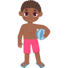 Young Black Boy Wearing Pink Swim Trunks and Blue Flip Flops Holding a Blue and White Beach Ball Standing with Transparent Background
