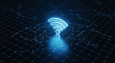 Bright wireless internet symbol illuminating a vast digital network grid with flowing data connections for global communication