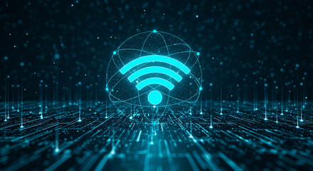Central WiFi symbol enclosed within a glowing global network sphere on a futuristic circuit board surface