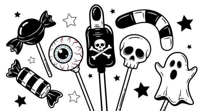Whimsical halloween candies ghost skull eye poison candy corn and stars - Powered by Adobe
